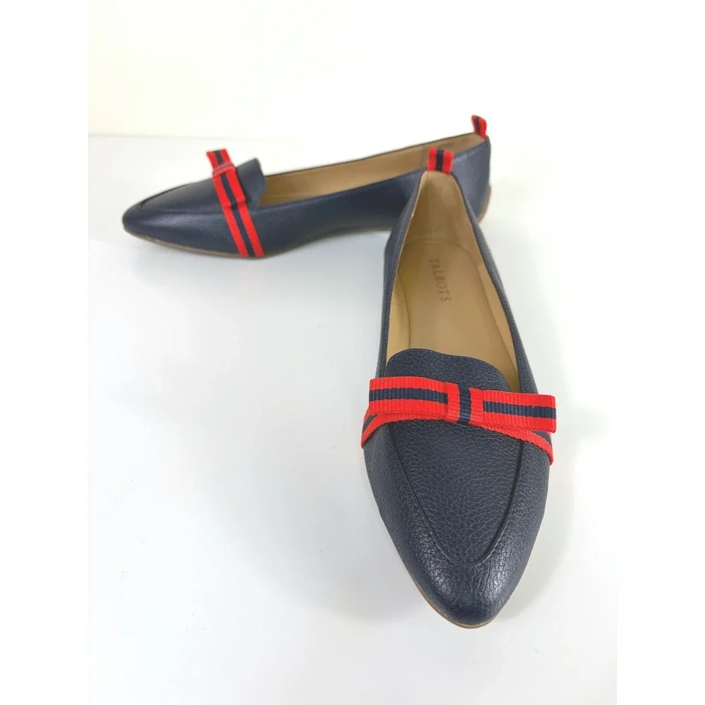 Talbots Francesca Driving Moccasin Grosgrain Bow Navy Red Size 7.5 AA NWOT Prep
